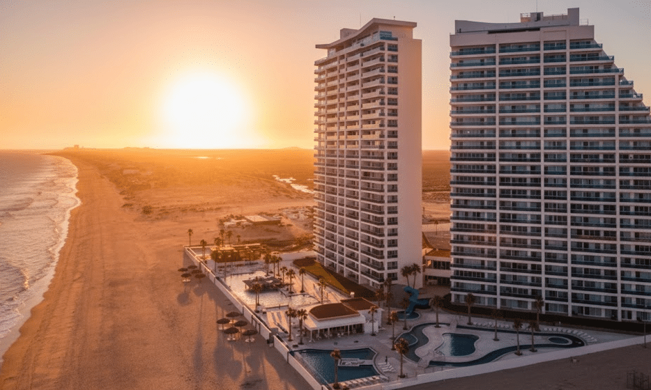 Aerial view of Encantame resort Rocky Point showing pools lazy river and beach access