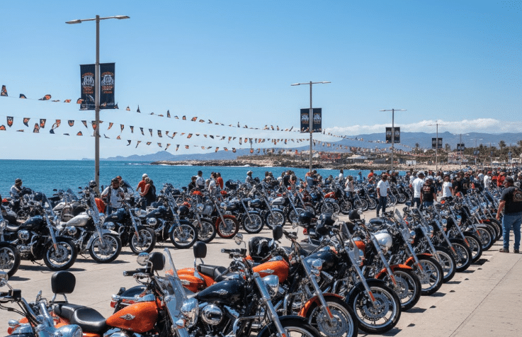 Motorcycles lined up along Rocky Point Malecon during annual November rally event