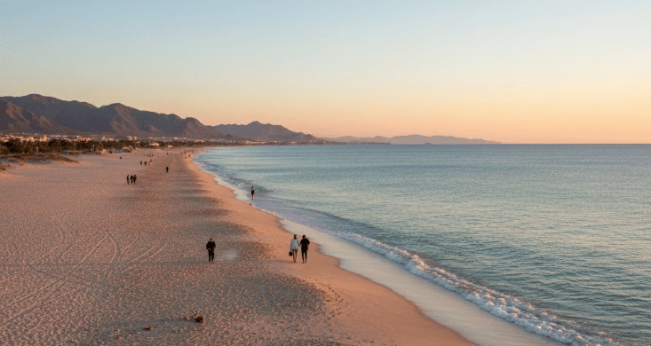 Rocky Point winter beach sunset with calm Sea of Cortez waters and clear blue skies