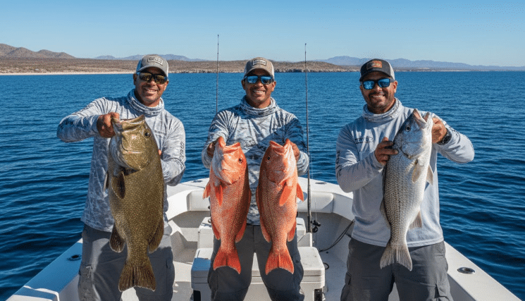 Fishing charter boat on Sea of Cortez with caught fish displayed winter season