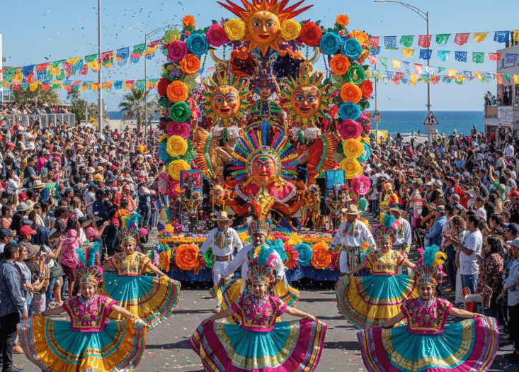 Colorful parade floats and folkloric dancers at Viva Penasco February carnival
