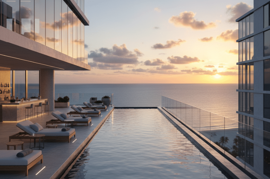 Rooftop infinity pool at Encantame Towers overlooking Sea of Cortez sunset