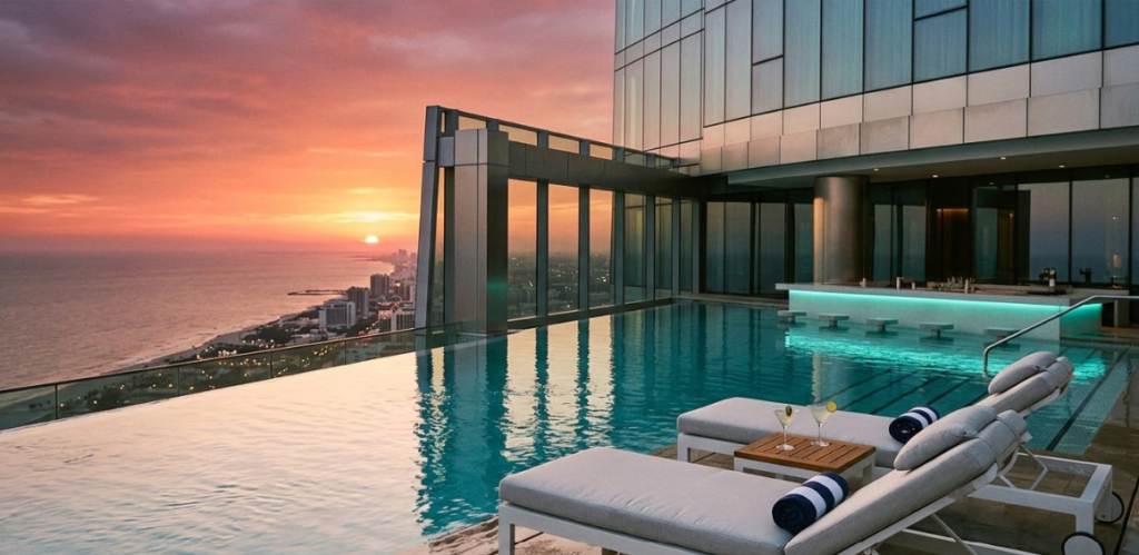 Adults-only rooftop infinity sky pool at Encantame Towers Verano Rocky Point with panoramic Sea of Cortez views